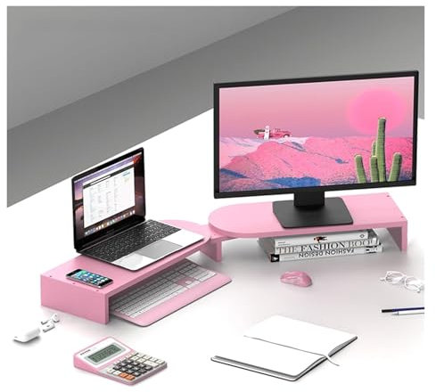 Computer Monitor Riser, Monitorständer, Verstellbarer Winkel for zwei Monitore, Laptop-Riser aus Massivholz for 2 Monitore, ergonomisches Computer-Desktop-Organizer-Regal for das Büro(Pink)