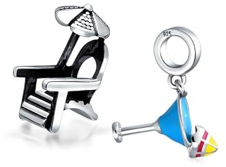 Ensemble de deux chaises longues avec parasol, boisson tropicale colorée, verre de margarita martini, breloque de vacances à la plage en émail bleu pour femmes, bracelet européen en argent oxydé .925.