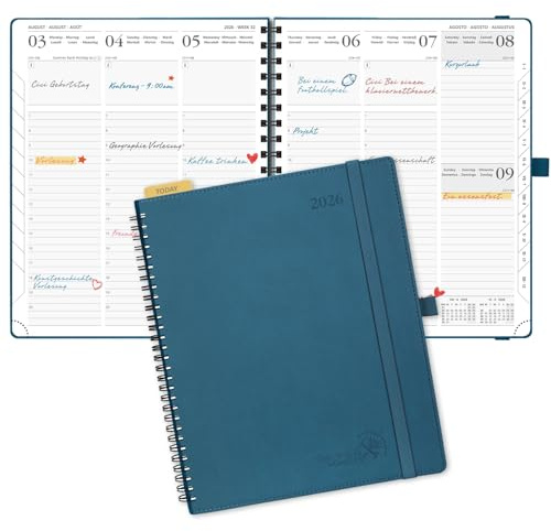 POPRUN Kalender 2026 Wochenplaner 26,5 x 21,5 cm, 12-Monate-Terminplaner Ringbuch (Jan.2026-Dez.2026), Buchkalender 1 Woche 2 Seite mit Softcover - Marineblau