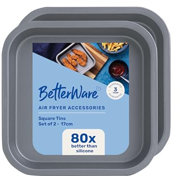 BetterWare Air Fryer Accessories Set of 2 x 17cm Square Tins | Non-Stick Low Carbon Steel | Dishwasher & Freezer Safe | Compatible with Most Air Fryers | Ideal for Cooking, Roasting & Baking