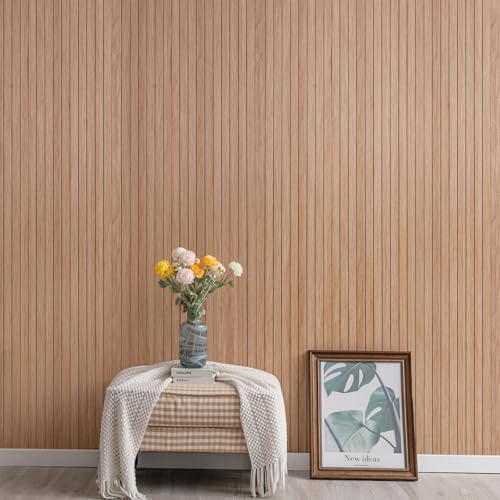 Wood Effect Wallpaper, 40x300cm Peel and Stick Wooden Slat Wallpaper, Wood Stripe Grain Wall Covering, Self Adhesive Wall Sticker, Waterproof PVC Floor Tiles for Bedroom Living Room (Brown-B)