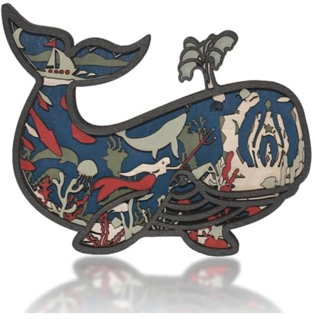 Fangxuee 3D Wooden Animals Carving Whale Art Decor Wall Sculpture Figurine Ocean Crafts Silhouette Ornament Art