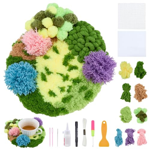 WEBEEDY Mosslatch Haken Kits Für Erwachsene Punch Needle Untersetzer Kit Mit Schlaufen Teppichunterlagen Und Anleitung Für Erwachsene Anfänger Häkeluntersetzer Handarbeit 19x21cm