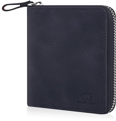 BROWN BEAR Geldbörse Leder klein Reißverschluss mit Münzfach - BB Max BU | Echtleder Blau Marine Vintage RFID-Schutz Mini Portemonnaie für Damen & Herren BB Design Geldbeutel Zip umlaufend