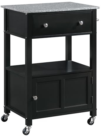OSP Home Furnishings Fairfax Bauernhaus Küchenwagen mit Granitplatte, rollbarer Aufbewahrungsschrank mit Handtuchhalter, Regal und Schublade, schwarzes Finish