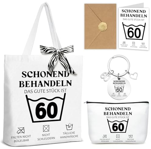 60 Geburtstag Frau, Lustige Geschenke zum 60 Geburtstag Frau - Stoffbeutel + Geburtstagskarte 60 + Kosmetiktasche + Schlüsselanhänger, Geburtstagsgeschenk für Frauen 60 Jahre - Schonend Behandeln 60