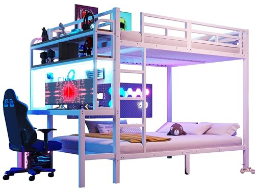 Azkoeesy Letto a Castello Gaming 140x200 cm in Metallo con Scrivania e Mensole, Luce LED, Prese USB ed Elettriche, Matrimoniale per Adolescenti e Adulti, Struttura Resistente e Durevole, Bianco