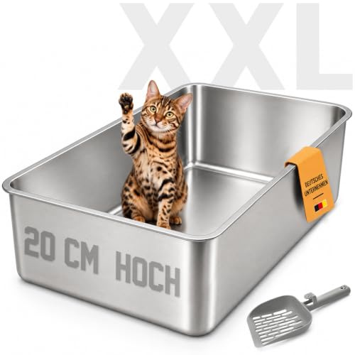 Premium Große Katzenklo Edelstahl (60x40x20 cm), XXL Katzentoilette mit Hohen Rand, Rostfrei, Antihaftbeschichtet, Leicht zu Reinigen, mit Schaufel für Große Katzen & Mehrkatzenhaushalte