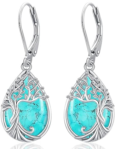 Mondstein Lebensbaum Ohrringe für Damen Baum des Lebens Hängend Ohrringe mit Geburtsstein/Türkis Tropfen Ohrringe Schmuck Geburtstag Geschenke für Frauen Mädchen Mama Tochter