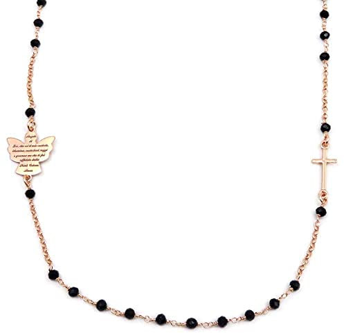 Damiano Argenti Collana Girocollo Rosario con Angelo di Dio in Argento 925 e Zirconi Neri Oro Rosa