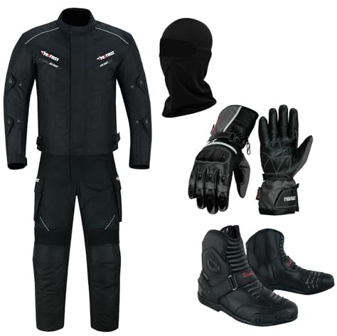 Full Set of Waterproof Motorbike 2 Piece Suit Motorcycle Protective Clothing in Cordura Fabric CE Approved Armours - Jacket + Trouser + Boots + Gloves + Balaclava (Black, XL - 42 Chest / 36 Waist)