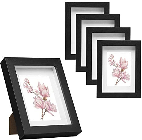 EUGAD 5er Set Bilderrahmen Fotogalerie, tiefer Rahmen für Objekte bis 1,5 cm, Holzrahmen mit Papier-Passepartout, mit Glasscheibe, 3D Objektrahmen, Schwarz, 13x18cm