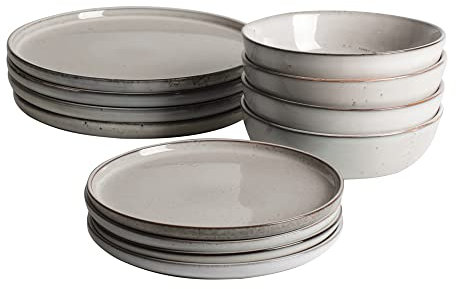 ProCook Oslo Rim Reactive Grey Stoneware Dinner Set Stylish Dishwasher, Oven & Microwave Safe Modern Dinnerware - 12 Piece, 20/22/28 cm