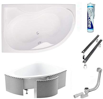 ECOLAM® Badewanne Eckwanne Eckbadewanne Acryl weiß Dora Polimat 170x110 cm LINKS + universelle Styroporverkleidung + Ablaufgarnitur Ab- und Überlauf Automatik Füße Silikon - Komplett-Set