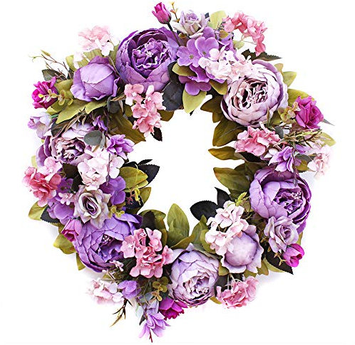 Yeenee Door Wreath, Artificial Flowers Peony Wreath - Four Seasons Front Door Decor with Peony and Green Leaves, for Front Door Living Room Wall Garden Wedding Festival Decor 1 Pcs (40cm, Purple)