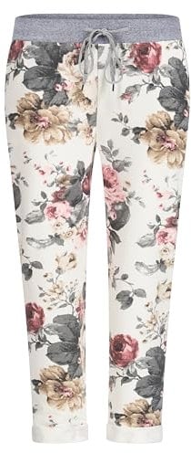 Mississhop 287 Damen Hose Cargohose Blumen Sweatpants Jogginghose Baumwolle Freizeithose Boyfriend Weiß mit Blumen 14