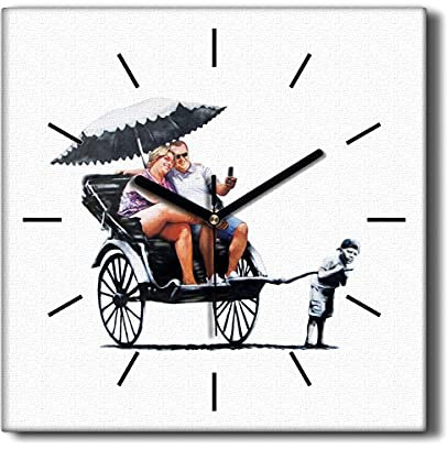 Coloray Uhr auf Leinwand 30x30cm Segeltuch Wohnzimmer Dekoration Ohne tickendes Geräusch Wand Uhr - Rikscha Banksy