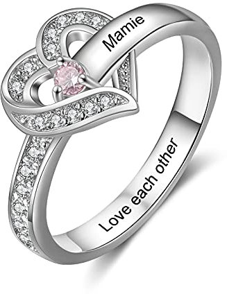 Glooraca Personalisierte Geburtssteine ​​Ring Damenringe mit 1-8 simulierten Geburtssteinen mit Namen 925 Sterling Silber Herz graviert Verlobungsversprechen Ehering Geschenk für Frauen Mama (1 Stein)