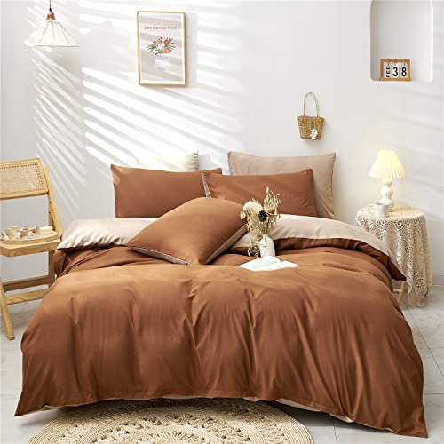Boqingzhu Bettwäsche 200x220cm Karamell Braun Beige Uni Wendebettwäsche Set Microfaser Bettbezug und 2 Kissenbezüge 80x80cm mit Reißverschluss