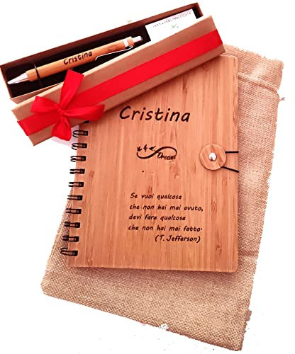 Giomel Taccuino Agenda e Penna Personalizzate a Sfera Legno Bambu' con Incisione Nome Regalo Laurea Comunione Compleanno con Scatola Bomboniera per Cerimonia Regalo Maestra Natale