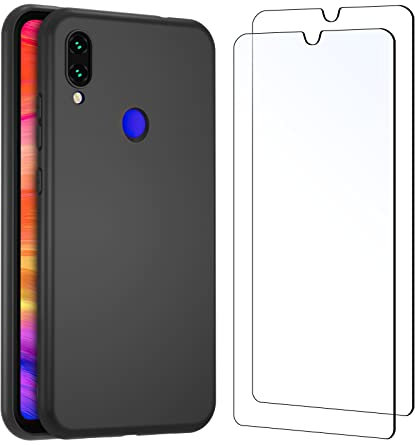 NEW'C Funda para Xiaomi Redmi Note 7 Carcasa Silicona Negra y 2X Protector de Pantalla para Xiaomi Redmi Note 7 Cristal Templado - Antiarañazos