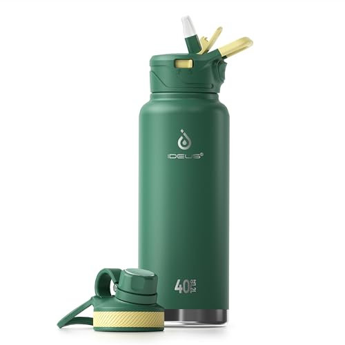 IDEUS Vacuum Insulated Water Bottle, Stainless Steel Double Wall Flask Metal Sports Canteen with Leak-Proof Screw Cap (Garden Green, 40oz (1140ml))