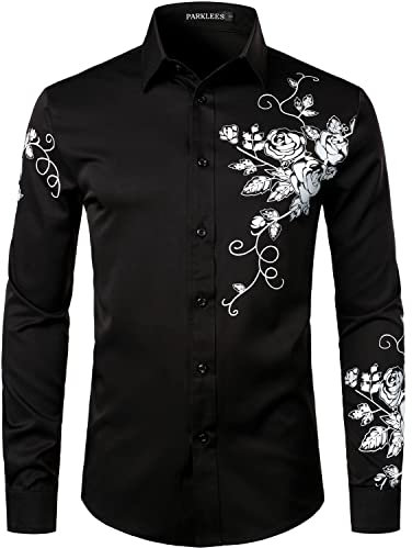PARKLEES Men's Hipster Rose Floral Print Design Slim Fit Long Sleeve Button Up Party Dress Shirt Black White M
