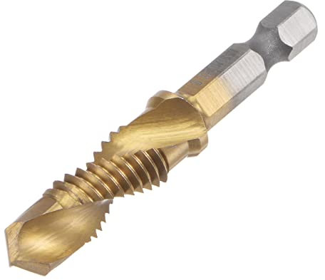 sourcing map Foret et Taraud Combinés, tige hexagonale 1/4 M10 x 1,5 métrique en acier rapide revêtu de titane 4341 Outil de taraudage de forage à flûte en spirale