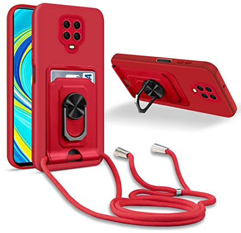 JMstore Handykette Schutzhülle Kompatibel mit Xiaomi Redmi Note 9S/Note 9 Pro/9 Pro Max,360° Ring Ständer magnetisches Eisenblech+Kartenfach Kameraschutz Stoßfester Silikon hülle-Rot
