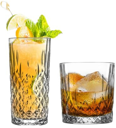 LAV 12pc Clear Odin Glassware Set - Mixed Glass Highball Cocktail Gin Glasses and Water Whiskey Drinking Tumblers