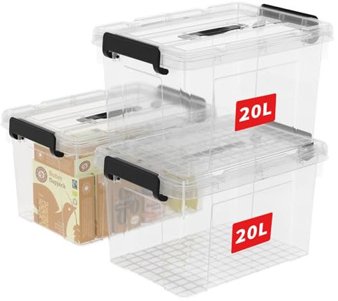 Cetomo 20L*3 Scatole di Stoccaggio in Plastica, Scatole Portaoggetti con Coperchio, Organizzatore con Manico, Contenitori per Casa e Ufficio, Impilabile, Resistente, Trasparente, 20L - Confezione da 3