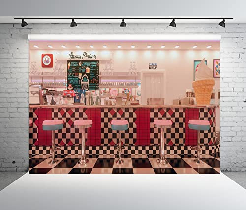 BELECO 4,5 x 2,4 m Stoff Vintage 50er Jahre Diner Hintergrund für Fotografie 1950er Jahre American Diner Fast Food Soda Shop Restaurant Eis Bar Hocker Hintergrund 50er Jahre Diner Party Decor Photo