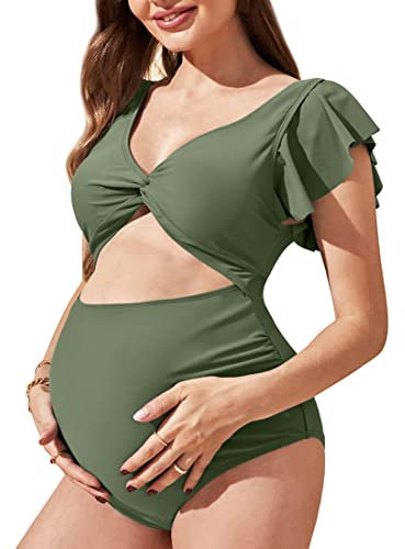Harssidanzar femmes Summer Maternity Wear maillot de bain tout en un maillot de bain taille haute coupe moelleuse avec fourche à l'avant KL301EU,Vert olive,Taille S