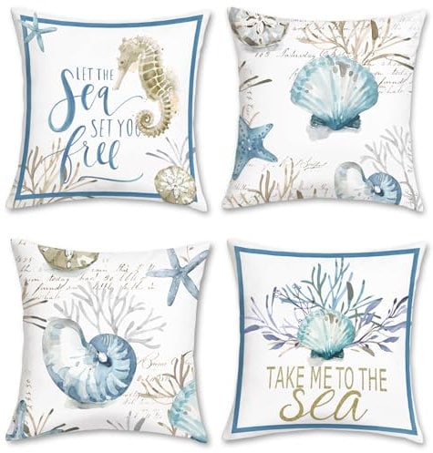 Bonhause 4er Set Kissenbezüge Nautisch Küsten 45 x 45 cm Ozean Strand Muschel Koralle Seestern Samt Soft Dekorative Kissenhülle Zierkissenbezüge für Sofa Wohnzimmer Zuhause Dekoration