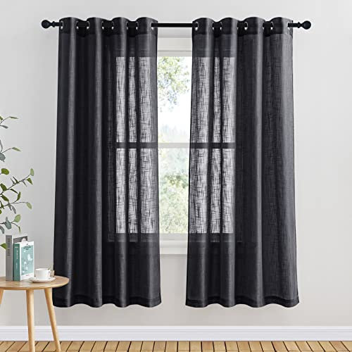 PONY DANCE Black Voile Curtains with Eyelet Top - 72 Inch Drop Living Room Window Net Curtains Faux Linen Semi Transparent Window Treatment Sheer Panels with Silver Rings, Set of 2, 52 Inch Width