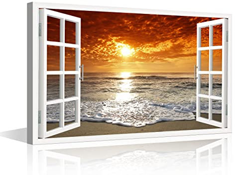 TISHIRON Décoration murale 3D effet fenêtre - Peinture sur toile - Crépuscule plage côtière - Fausse fenêtre - Impression encadrée pour la maison et le bureau - 91,4 x 61 cm - Prêt à accrocher