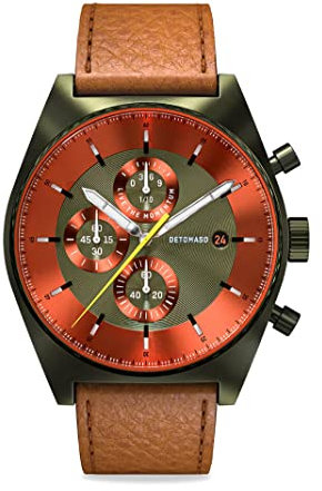 DeTomaso D10 Chronograph Olive ORANGE Herren-Armbanduhr Analog Quarz Lederarmband Braun