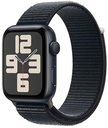 Apple Watch SE (2ª generazione, 2023) GPS 44 mm Smartwatch con cassa in alluminio color mezzanotte e Sport Loop mezzanotte. Fitness tracker, monitoraggio del sonno, Rilevamento incidenti