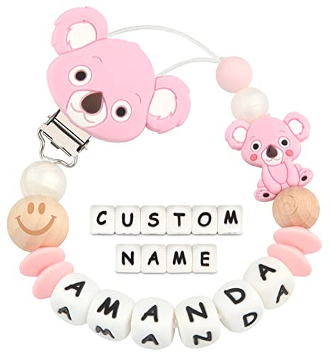 Yolnkos Schnullerkette mit Namen Jungen Mädchen Personalisiert Schnullerclip Koala(Rosa)
