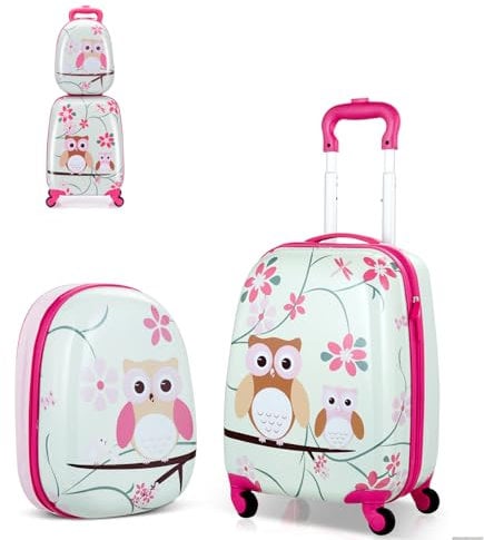 SOARS Kinderkoffer & Rucksack, Kindertrolley mit Rollen & verstellbarem Griff, Koffer Set, Kindergepäck, Reisekoffer Kinder Jungen & Mädchen, für Spielzeug, Kleidung (Eule A, 12+16)