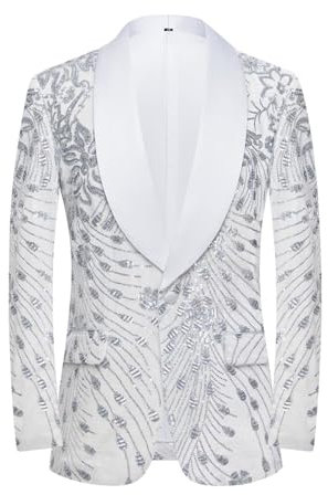 CARFFIV Männer Pailletten Samt Bühne Party Prom Hochzeit Abendessen Symmetrie Anzug Jacke Blazer,White,M