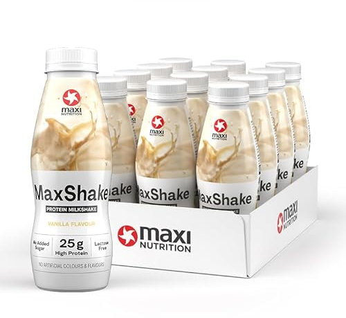 MaxiNutrition MaxShake Protein Milchshake Vanille, 12x 330ml, cremiger Eiweiß-Shake für unterwegs, 25g Protein, low fat & low carb, laktosefrei, ohne künstliche Aromen, Made in Germany