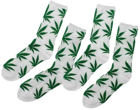 MFAZ Morefaz Ltd Set 2 x Baumwollsocken Marihuana Cannabis Weed Rasta Herren Damen Weiß Grün Blatt M-L, mehrfarbig, Einheitsgröße