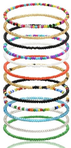 Aucuu Fußkettchen für Damen, 12 Stück Boho Handgemachte Bunte Perlen Fusskette, Verstellbare Fußkettchen Elastische, Mehrschichtige Fußkettchen, Fußschmuck für Frauen und Mädchen für Sommer Strand