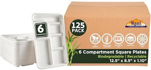 Rani 6 Compartment Square Biodegradable Divided Plates, Pack of 125 ~ Party, Thali, Buffet | Disposable & Eco-Friendly | Heavy-Duty Sturdy Paper Bagasse | Premium Quality | 12.5 x 8.5 x 1.10