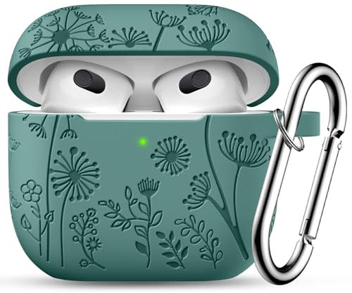 Ouwegaga Gravierte Hülle für Apple Airpods 3 Hülle, Silikon für Airpods 3 Case Stoßfeste Schutzhülle Kompatibel mit Airpods 3. Generation Hülle 2021, mit Karabinerhaken[Front-LED sichtbar],Kieferngrün