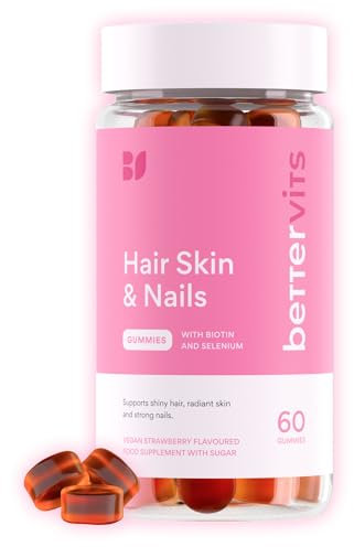 Bettervits Hair, Skin and Nails Vitamins | Hair Growth Vitamins A, B6, C, D, E with Zinc & Selenium| Biotin Gummies for Women - Nails Strengthen and Glowing Skin | 60 Vitamin Gummies
