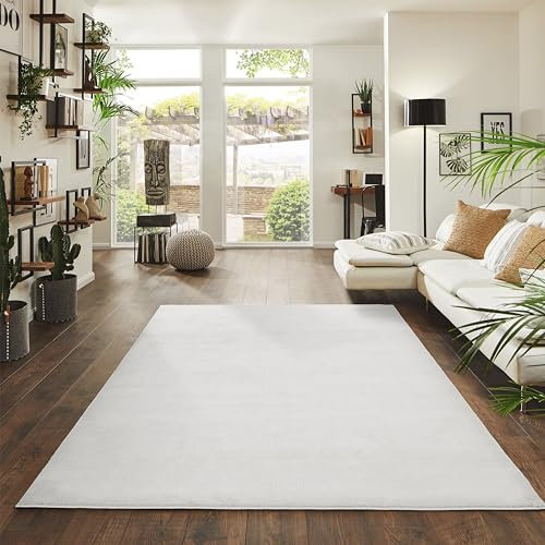 Jimri Flauschiger Teppich Läufer - Hochwertiger Kurzflor für Zuhause, Büro, Küche, Eingang, Flur, Wohnzimmer - Maschinenwaschbar - Rutschfester Teppich Waschbar - 160x220 cm - Cream_Weiß