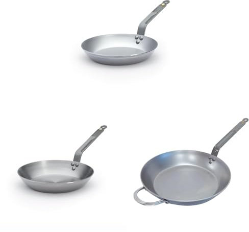 DE BUYER - Lot de 3 Poêle en tôle d'acier Mineral B - 24, 26 et 32 cm- Fabriquées en France, Sans PFAS, Montée Rapide en Température, Inox 18/10, Tous Feux + Four, Finition Poli Brillant