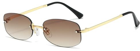 YAMEIZE Retro Oval Sunglasses for Women - Men Vintage Gold Rimless Sunglasses Small 90S Fashion Sun Glasses Metal Frame (Gold Brown)